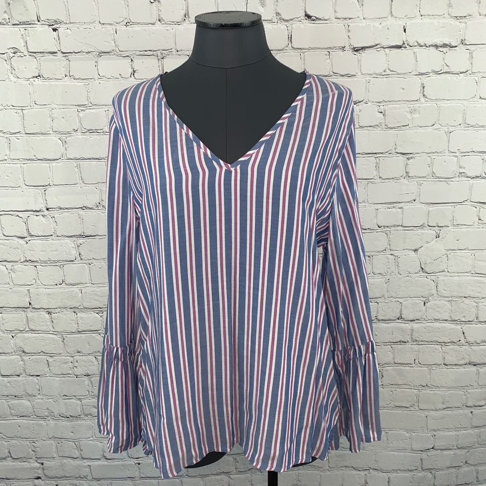 Pleione Bell Sleeve V-Neck Striped Blouse‎ Medium